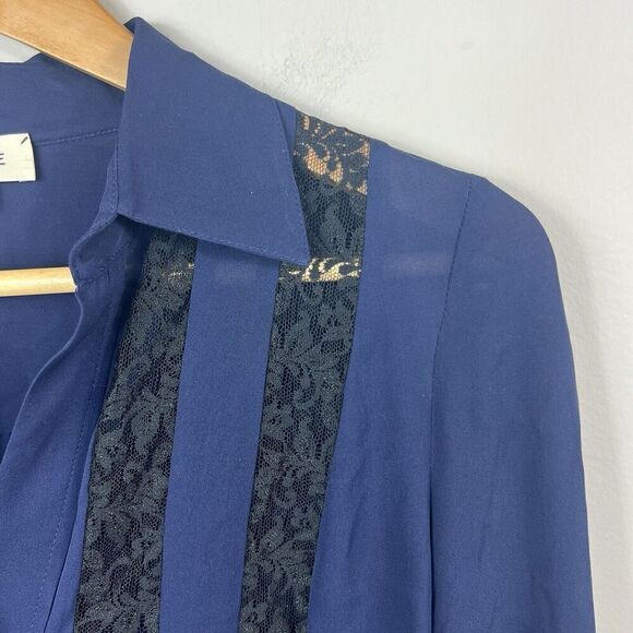 L'Agence Navy Blue Semi Sheer Silk Button Down Blouse XS Lace Trim - Picture 3 of 13